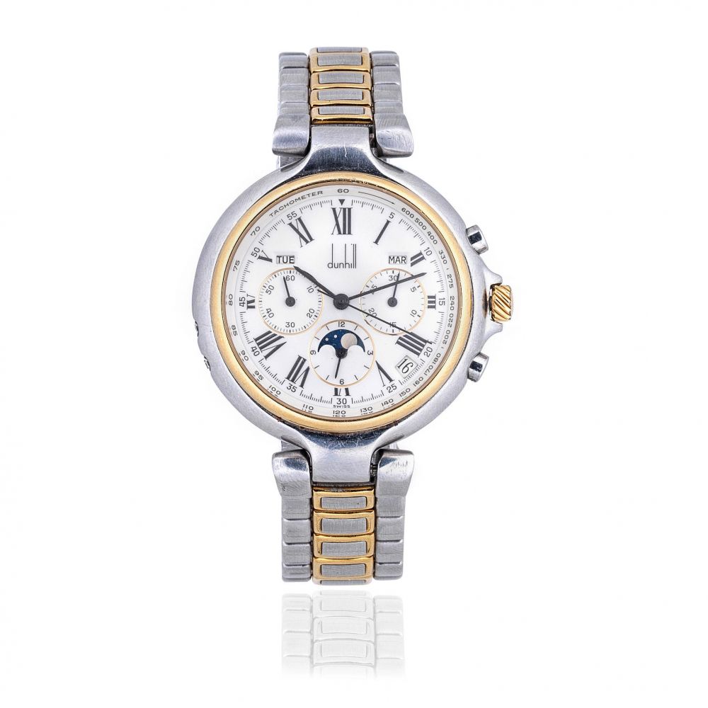 Alfred Dunhill. A stainless steel and gold automatic triple calendar chronograph bracelet watch with moon phase