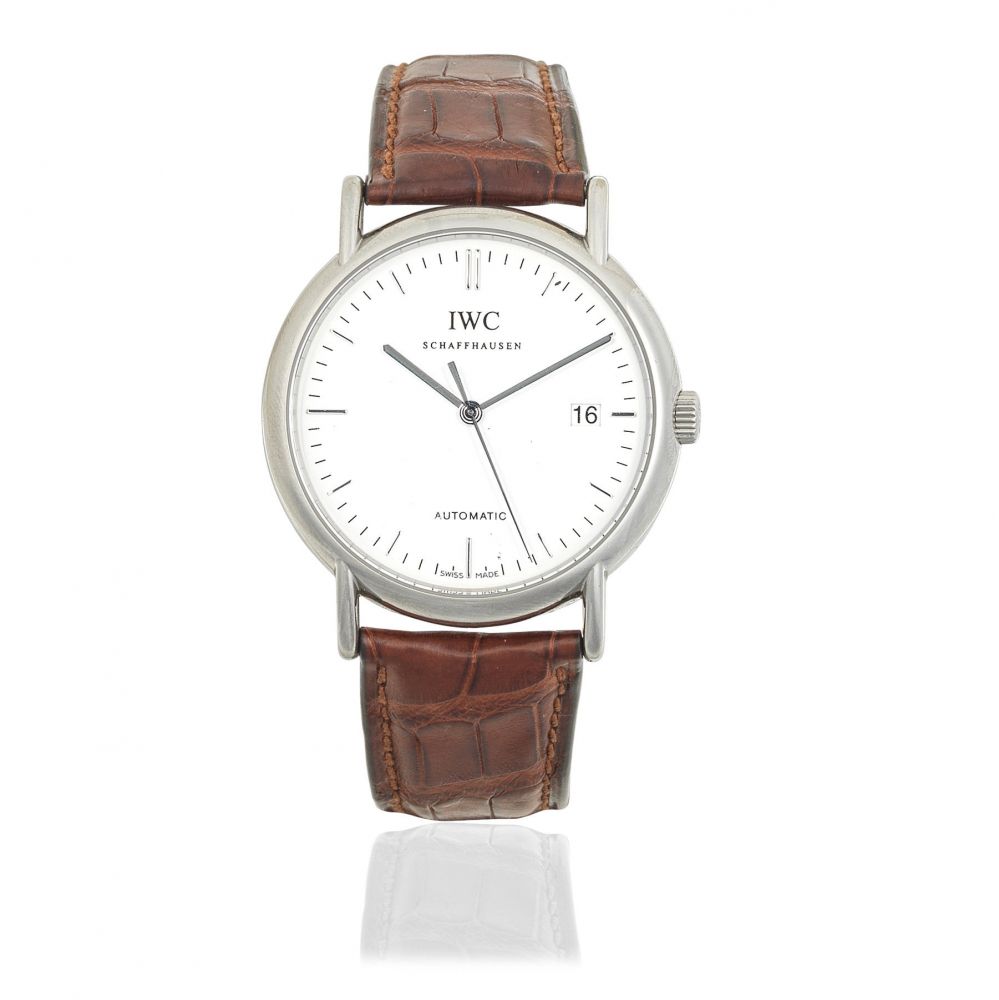 IWC. A stainless steel automatic calendar wristwatch