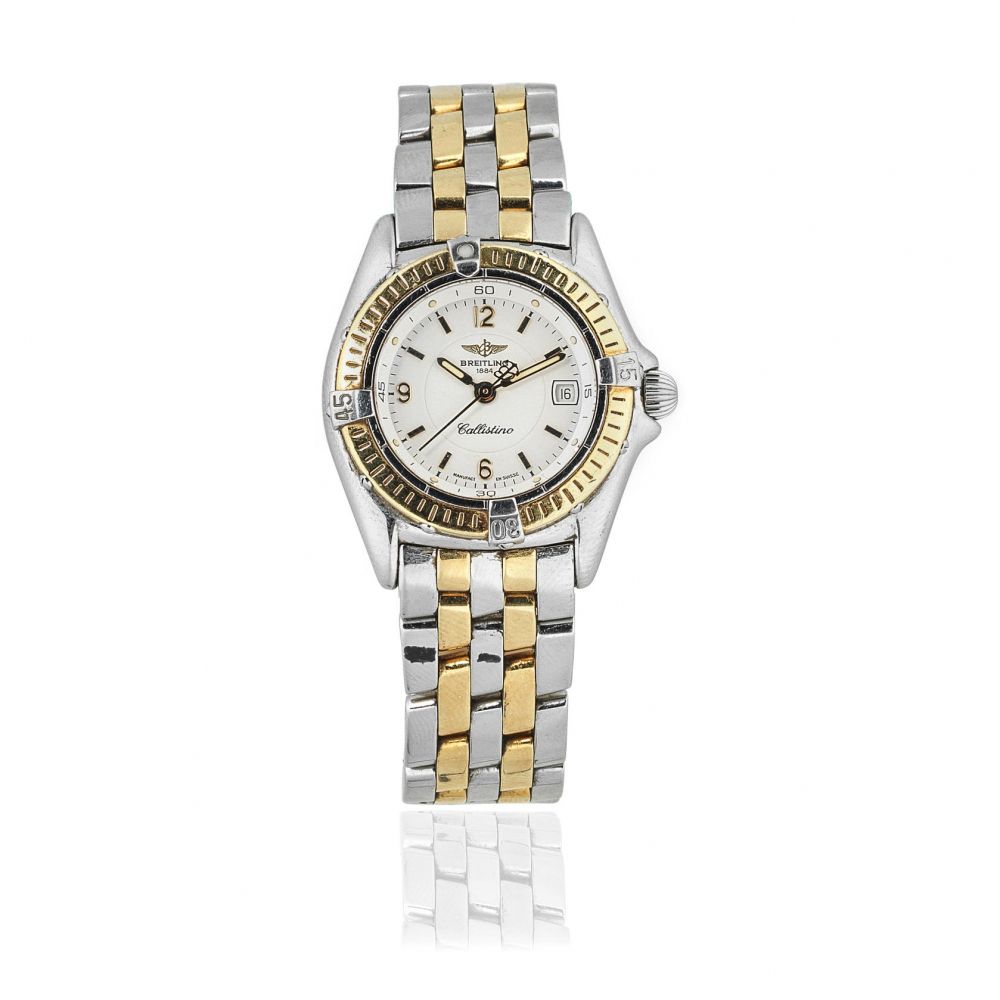 Breitling. A lady's stainless steel and gold quartz calendar bracelet watch