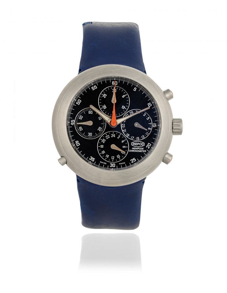 Ikepod. A stainless steel automatic calendar chronograph wristwatch with dual time zone