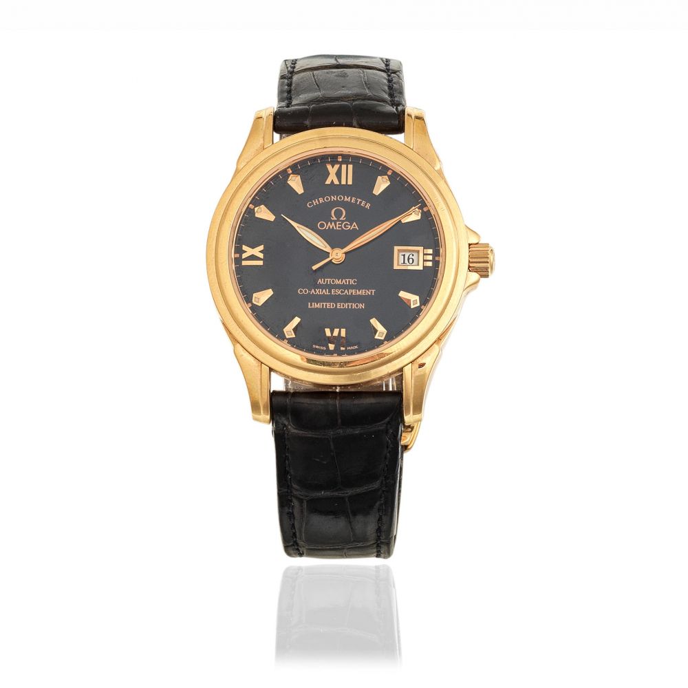 Omega. A Limited Edition 18K rose gold automatic calendar wristwatch with co-axial escapement