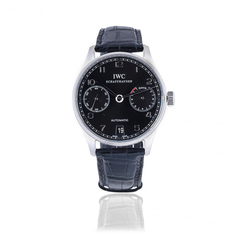 IWC. A stainless steel automatic calendar wristwatch with 7 day power reserve