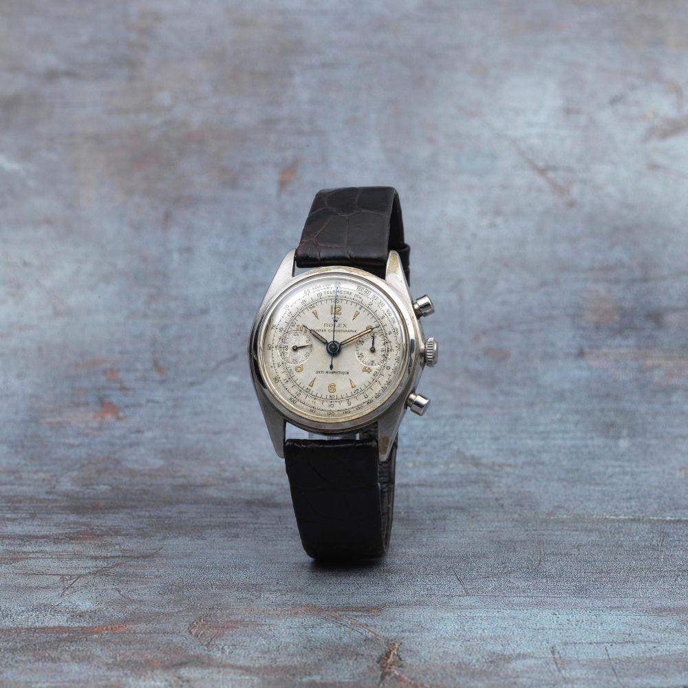 Rolex. A rare stainless steel manual wind chronograph wristwatch
