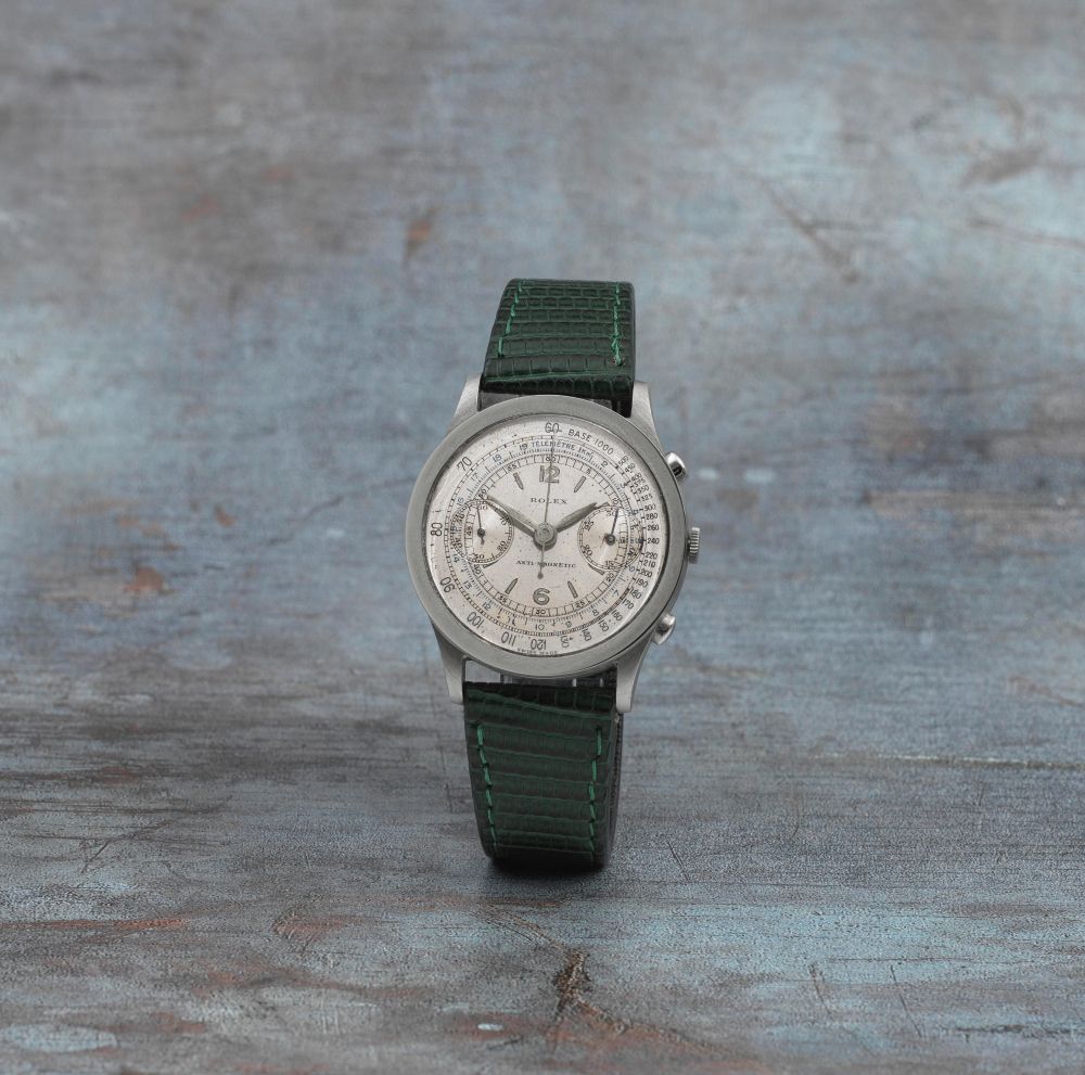 Rolex. A rare stainless steel manual wind chronograph wristwatch