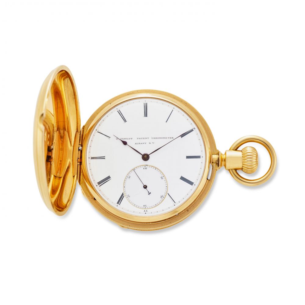 CHARLES FASOLDT, ALBANY, NY. A RARE 18K GOLD HUNTER CASED WATCH WITH CO-AXIAL DOUBLE WHEEL ESCAPEMENT