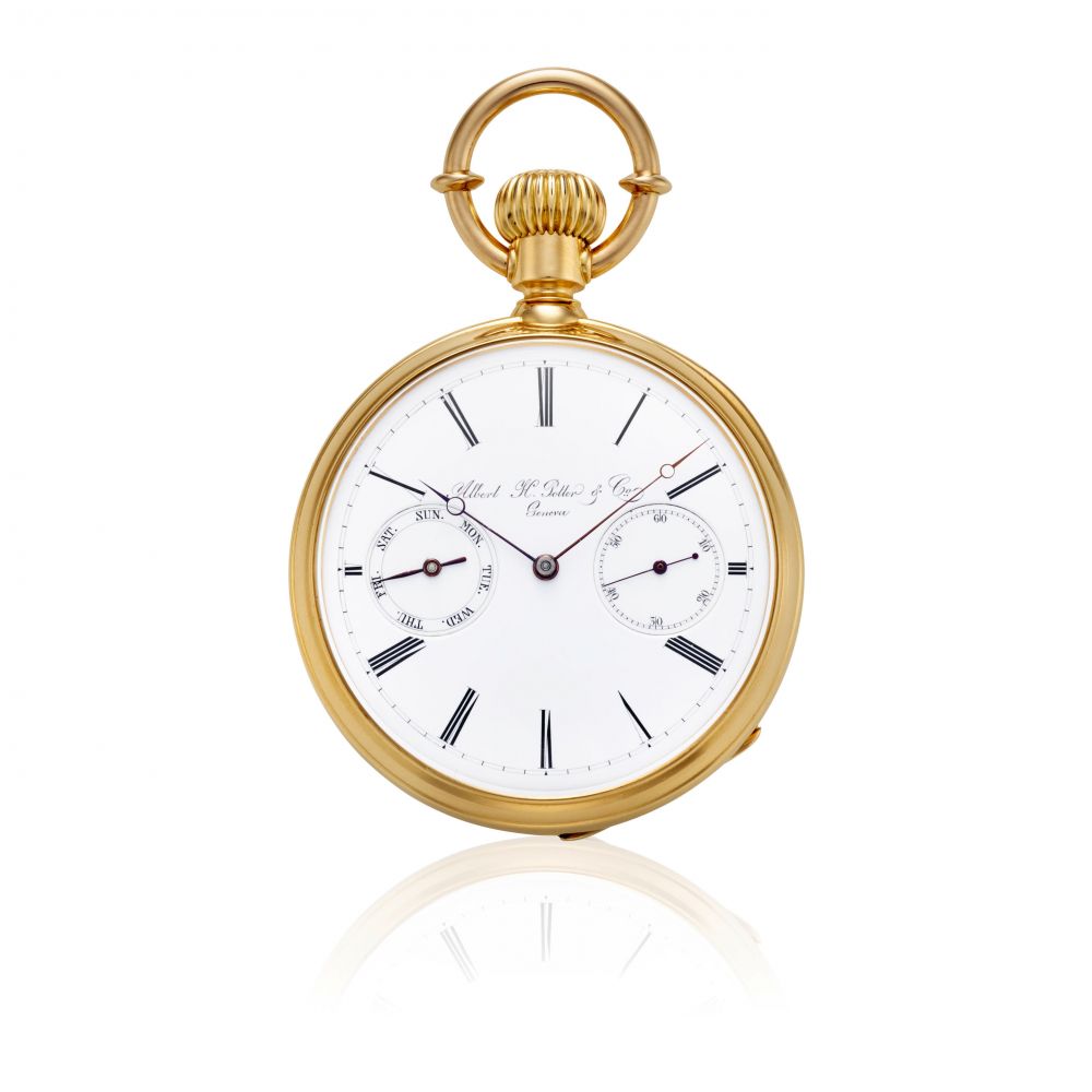 ALBERT H. POTTER CO., GENEVA. A FINE 18K GOLD OPEN FACE KEYLESS LEVER WATCH WITH DAY OF WEEK CALENDAR
