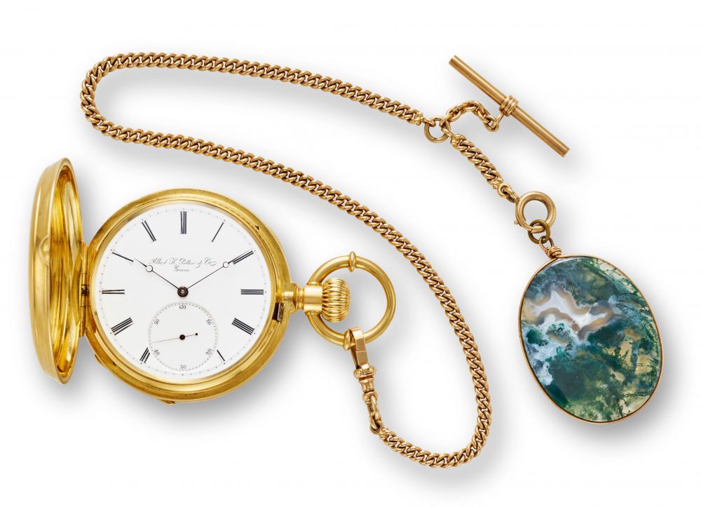 ALBERT H. POTTER CO., GENEVA. A FINE 18K GOLD HUNTER CASED KEYLESS LEVER WATCH AND A CHAIN WITH MOSS AGATE FOB