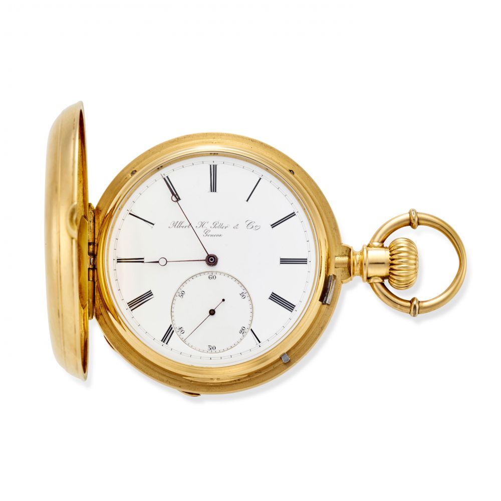 ALBERT H. POTTER CO., GENEVA. A FINE AND RARE 18K GOLD HUNTER CASED KEYLESS PIVOTED DETENT CHRONOMETER