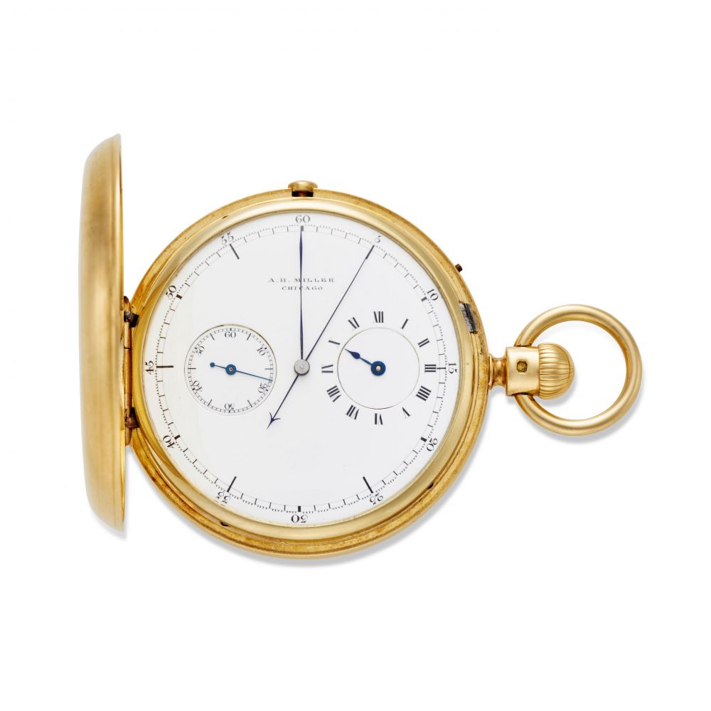 ADOLPH NICOLE. A FINE 18K GOLD HUNTER CASED KEYLESS LEVER CHRONOGRAPH WITH REGULATOR DIAL