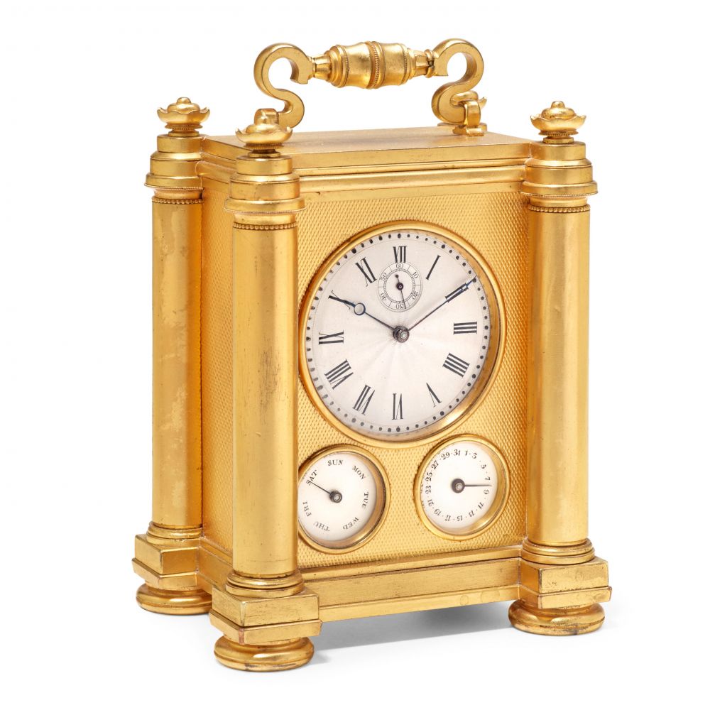 BARWISE, LONDON. A FINE ENGINE TURNED GILT CARRIAGE TIMEPIECE WITH SUBSIDIARY SECONDS AND DAY AND DATE CALENDAR DIALS