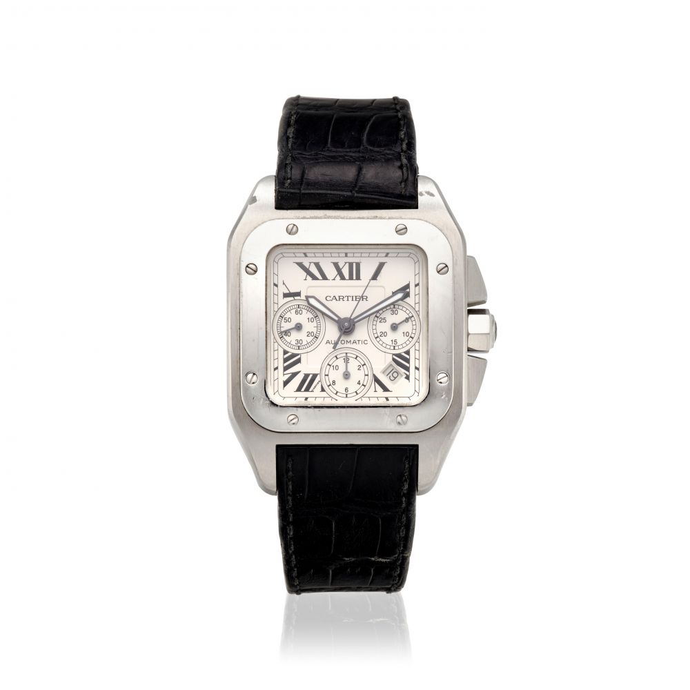 CARTIER. A STAINLESS STEEL AUTOMATIC CALENDAR CHRONOGRAPH WRISTWATCH