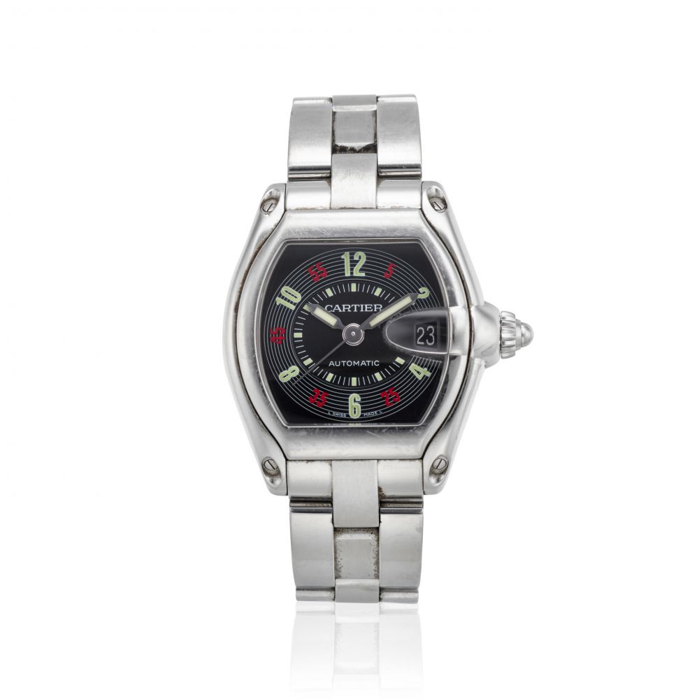 CARTIER. A STAINLESS STEEL AUTOMATIC CALENDAR BRACELET WATCH