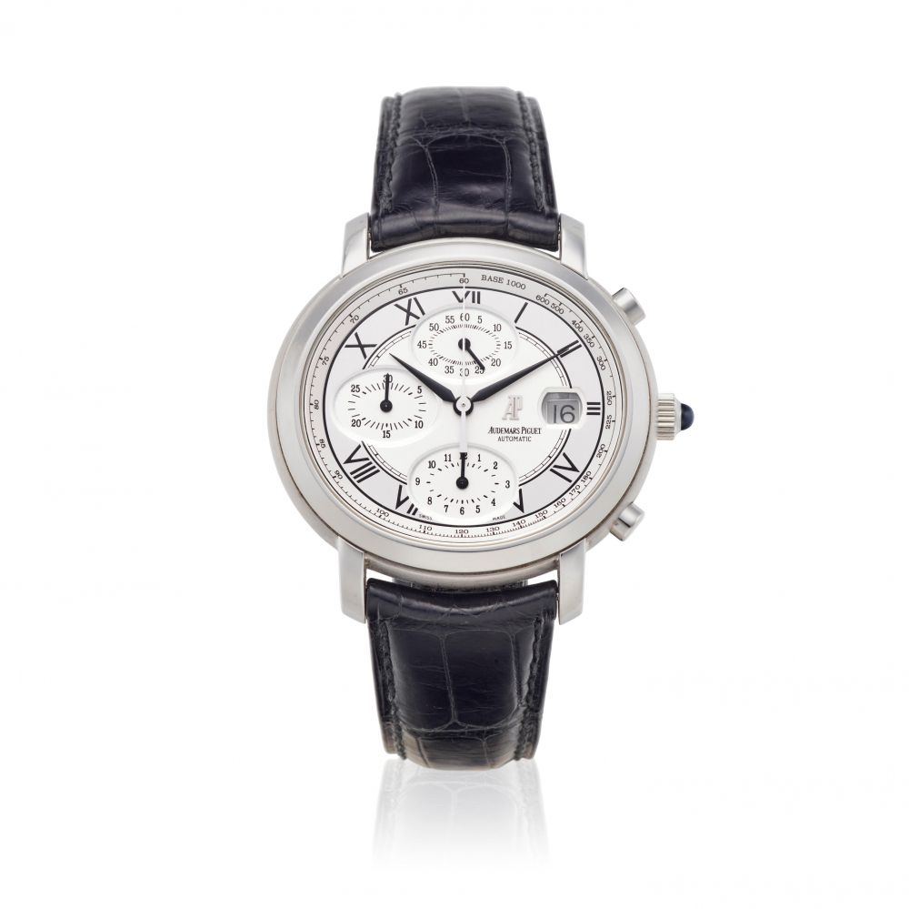 AUDEMARS PIGUET. A STAINLESS STEEL AUTOMATIC CALENDAR CHRONOGRAPH WATCH