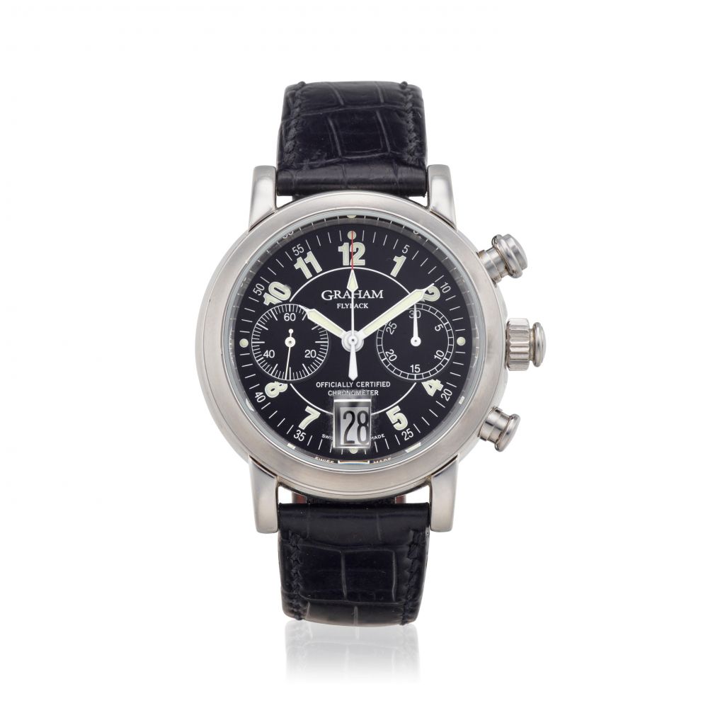GRAHAM. A STAINLESS STEEL AUTOMATIC CHRONOGRAPH CALENDAR WATCH