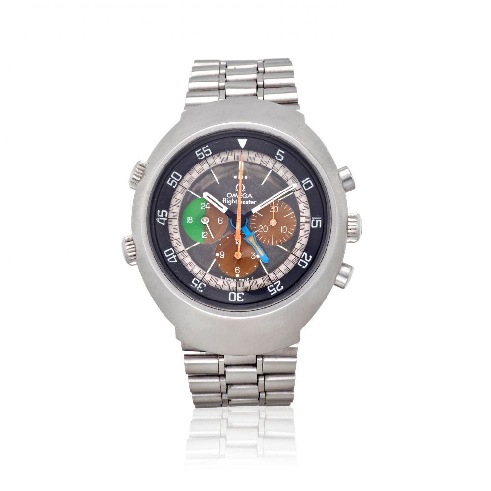 OMEGA. A STAINLESS STEEL MANUAL WIND CHRONOGRAPH BRACELET WATCH