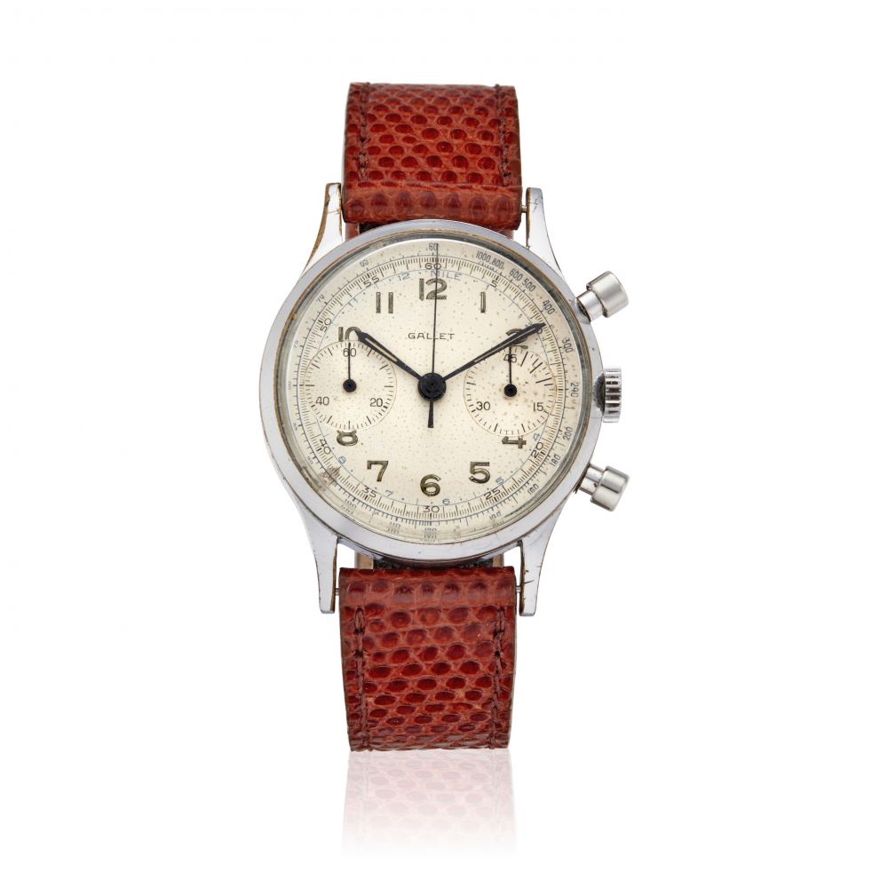 GALLET. A STAINLESS STEEL MANUAL WIND CHRONOGRAPH WRISTWATCH
