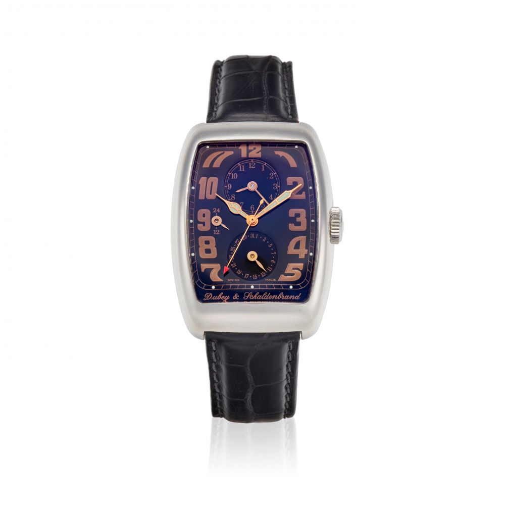 DUBEY SCHALDENBRAND. A STAINLESS STEEL DUAL TIME ZONE CALENDAR WATCH