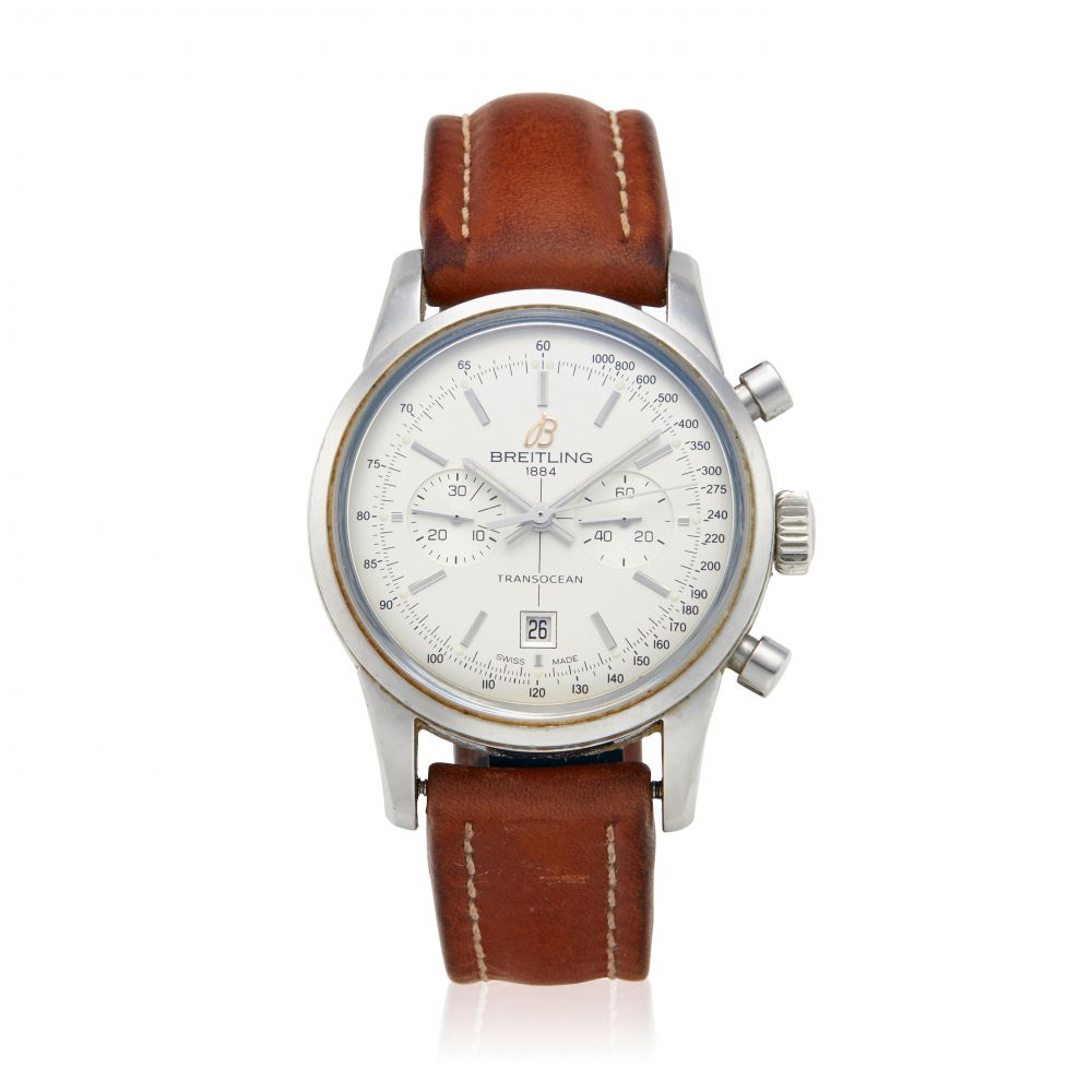 BREITLING. A STAINLESS STEEL AUTOMATIC CALENDAR CHRONOGRAPH WRISTWATCH