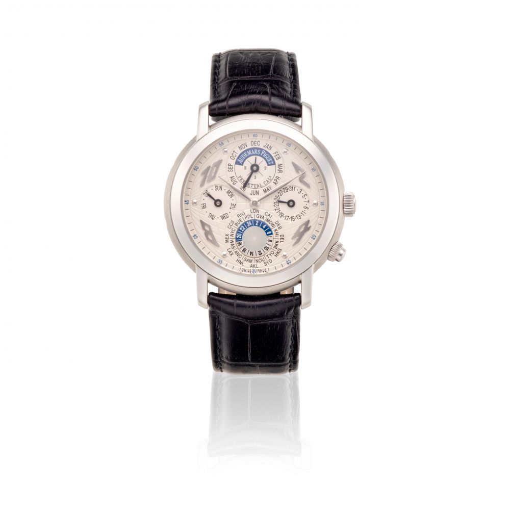 AUDEMARS PIGUET. A FINE AND UNUSUAL PLATINUM PERPETUAL CALENDAR WORLDTIME WRISTWATCH WITH 24 HOURS AND LEAP YEAR INDICATOR