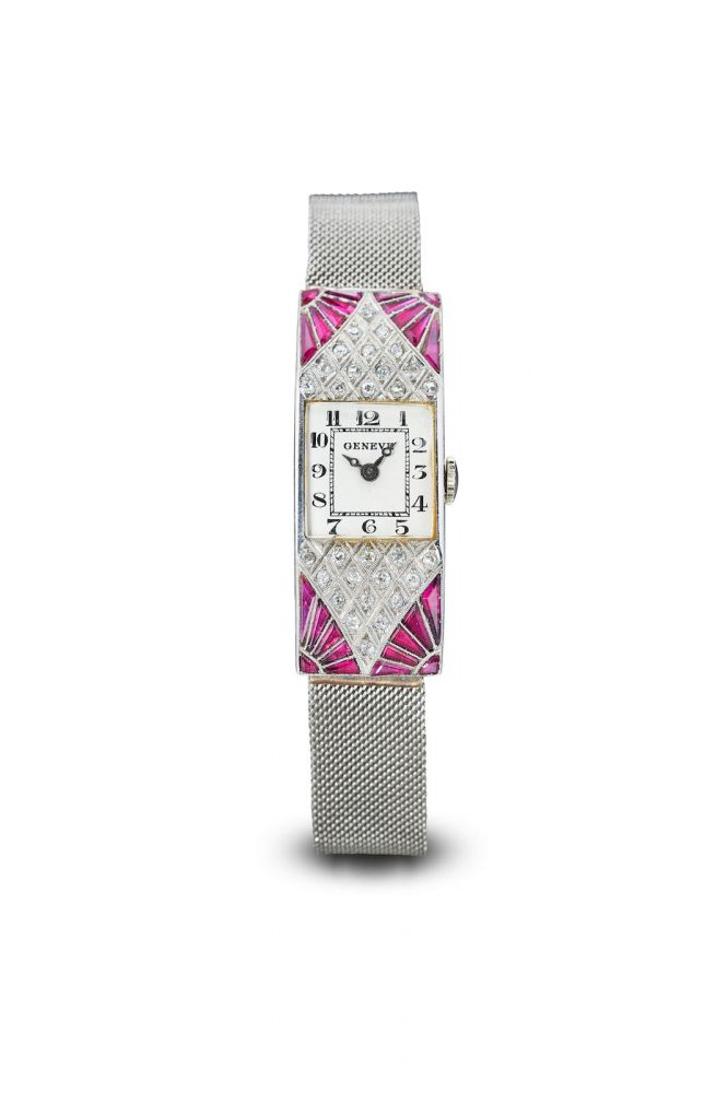 Geneve | A Lady's Platinum and Yellow Gold Ruby and Diamond-set Cocktail Wristwatch