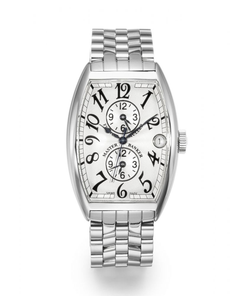 FRANCK MULLER. A STAINLESS STEEL MASTER BANKER TRIPLE TIME ZONE BRACELET WATCH WITH DATE, CIRCA 2005