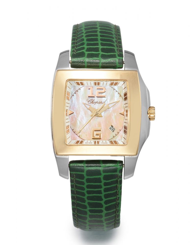 CHOPARD. A LADY'S STAINLESSS AND GOLD TWO O TEN WRISTWATCH WITH DATE AND MOTHER OF PEARL DIAL, CIRCA 2005