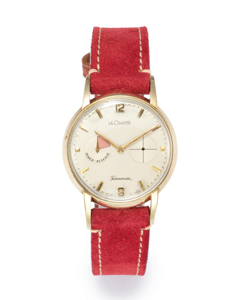 LECOULTRE. A GOLD FILLED WRISTWATCH WITH POWER RESERVE, CIRCA 1950