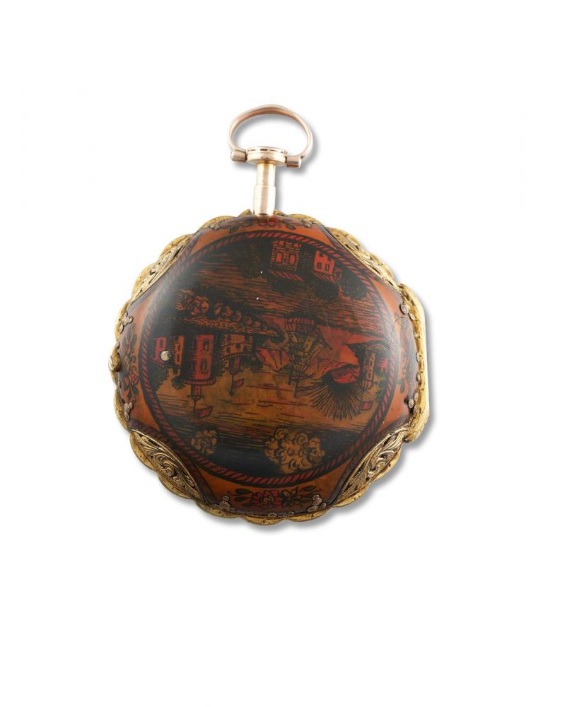 Daniel De St. Leu | A Very Fine and Large Gilt metal and Painted Horn Pair Case Two Train Quarter Striking Clock Watch, Made for the Turkish Market, circa 1780