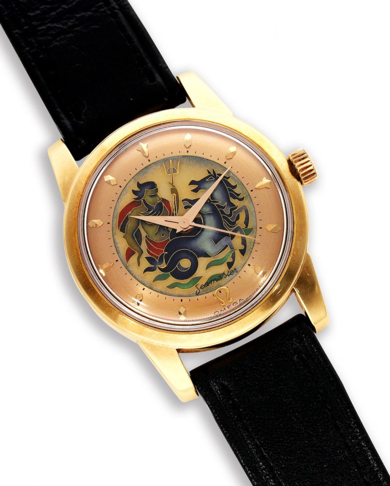 Omega | Seamaster, Ref. OT 2520, An extremely Fine and Rare Yellow Gold Wristwatch with Cloisonné enamel dial depicting Neptune, 1954