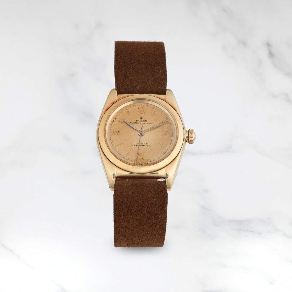 ROLEX. MONTRE BRACELET EN OR ROSE 14K (585) BUBBLE BACK MOUVEMENT AUTOMATIQUE