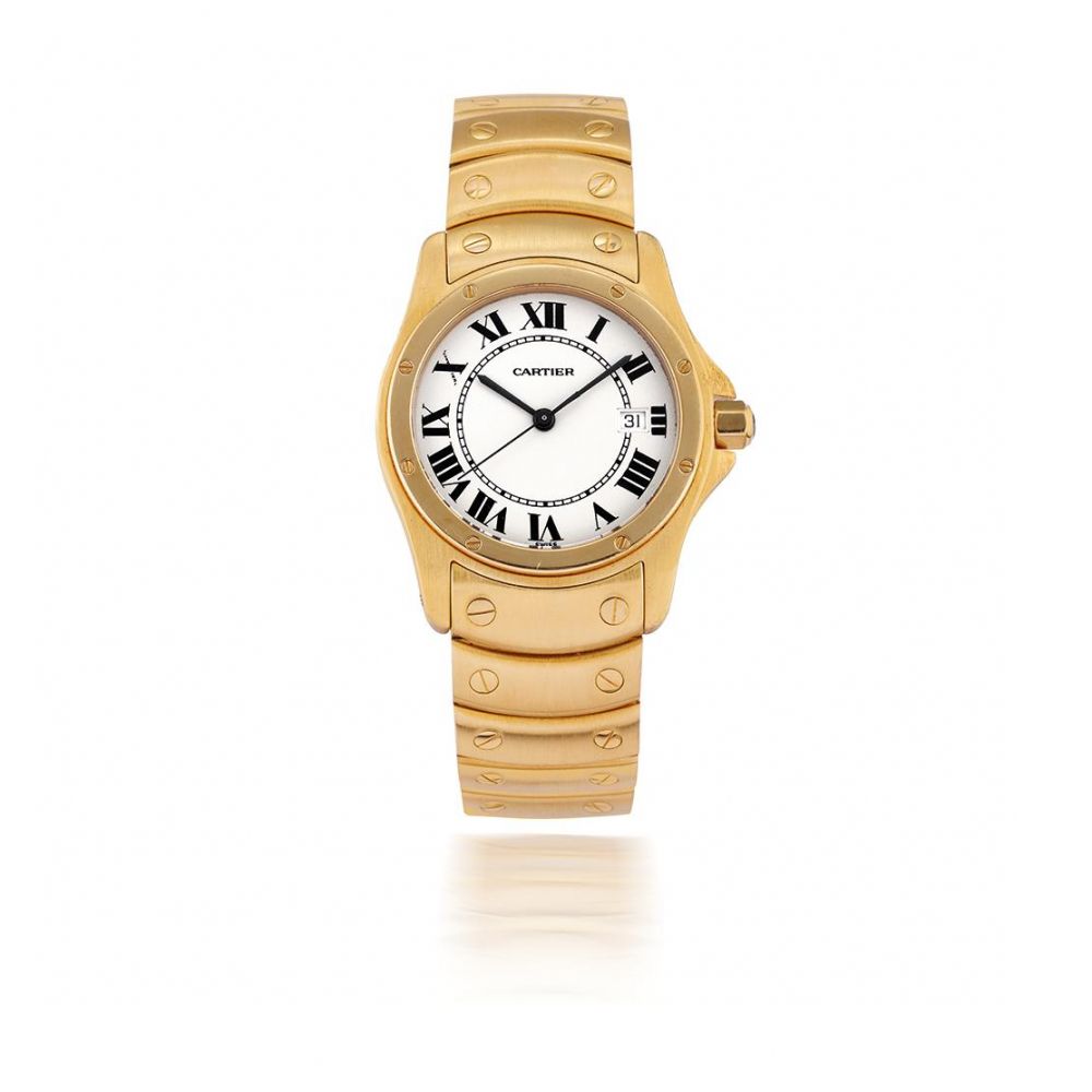 CARTIER. MONTRE BRACELET EN OR JAUNE 18K (750) DE TAILLE MEDIUM AVEC DATE MOUVEMENT QUARTZ