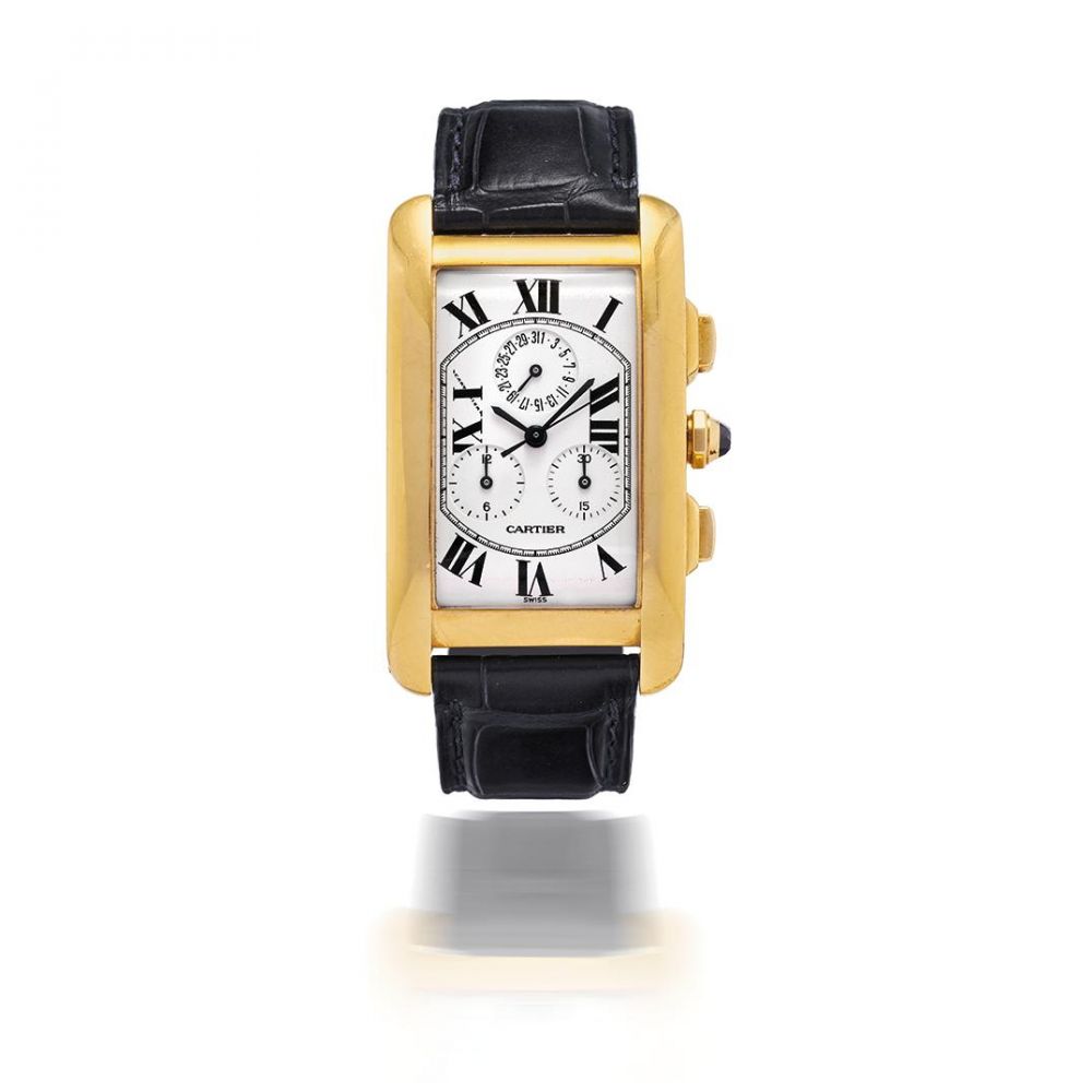 CARTIER. CHRONOGRAPHE BRACELET EN OR JAUNE 18K (750) DE FORME RECTANGULAIRE AVEC DATE MOUVEMENT QUARTZ