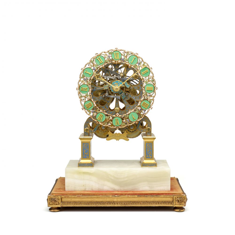 A FINE GREAT EXHIBITION CHAMPLEVÉ ENAMEL QUARTER STRIKING SKELETON CLOCK