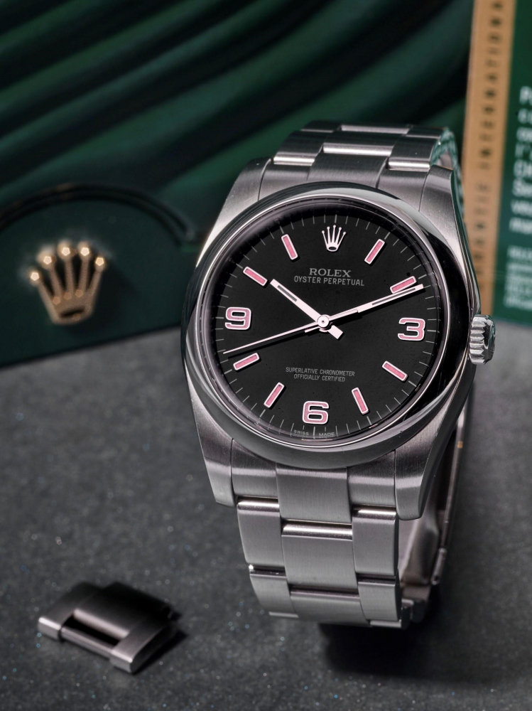 ROLEX | OYSTER PERPETUAL 36, REF.116000, A STAINLESS STEEL BRACELET WATCH WITH PINK HOUR MARKERS, CIRCA 2014