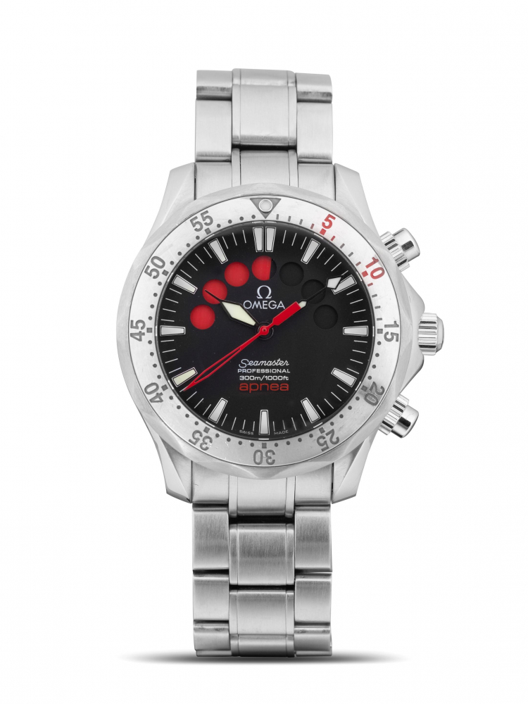 OMEGA | SEAMASTER APNEA JACQUES MAYOL, A STAINLESS STEEL CHRONOGRAPH BRACELET WATCH WITH 14-MINUTE FREE DIVING TIMING DISPLAY, CIRCA 2010