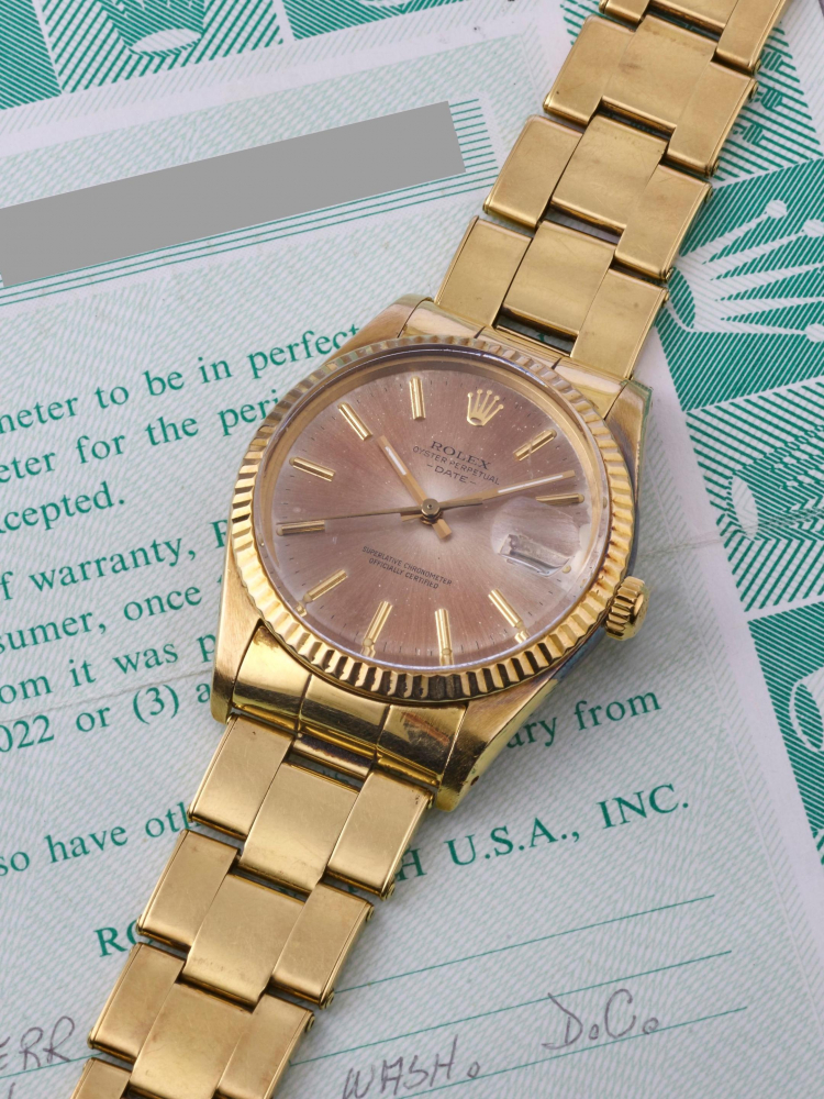 ROLEX | OYSTER PERPETUAL DATE - TROPICAL, REF.15037, A RARE 14K YELLOW GOLD BRACELET WATCH WITH DATE AND TROPICAL DIAL, CIRCA 1984