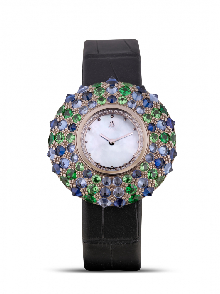 BERTOLUCCI | OUNI, REF.HJ113.51, A NEW OLD STOCK WHITE GOLD, SAPPHIRE, TSAVORITES AND DIAMOND-SET WRISTWATCH WITH MOTHER-OF-PEARL DIAL, CIRCA 2012