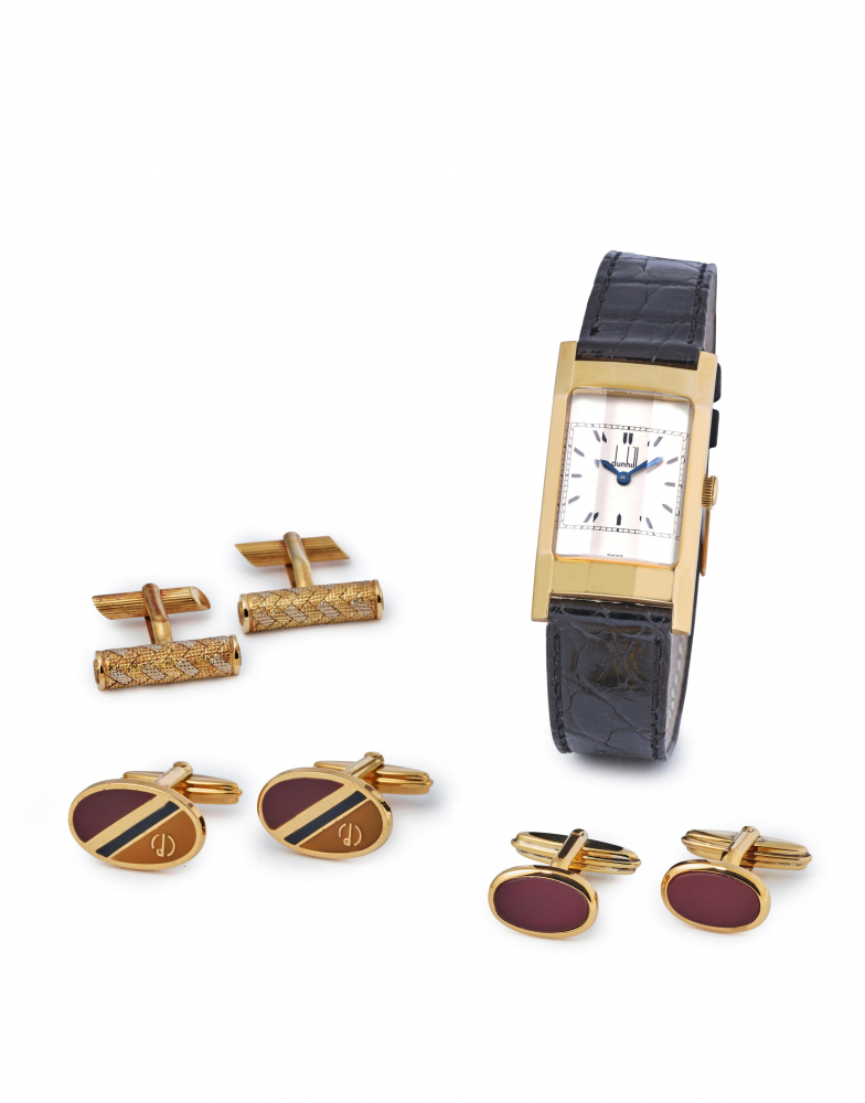 DUNHILL | A GROUP LOT OF A LIMITED EDITION YELLOW GOLD WRISTWATCH AND THREE PAIRS OF CUFFLINKS