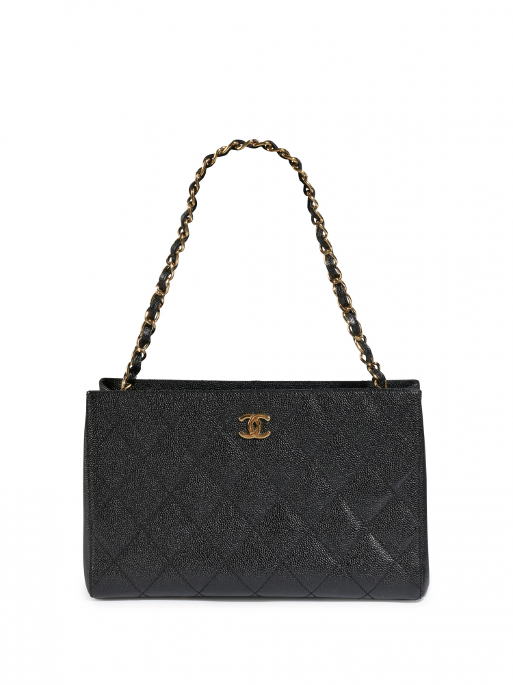 CHANEL: BLACK CAVIAR VINTAGE TOTE BAG WITH GOLD HARDWARE