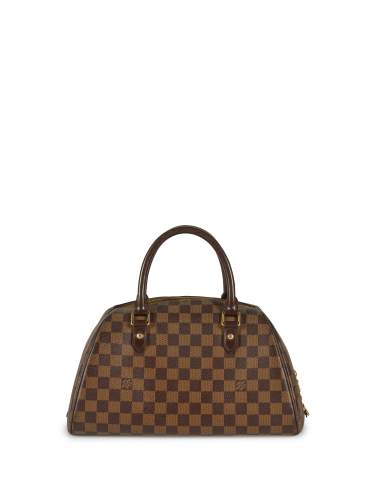 LOUIS VUITTON: BROWN DAMIER EBENE COATED CANVAS RIVERA MM TOP HANDLE BAG