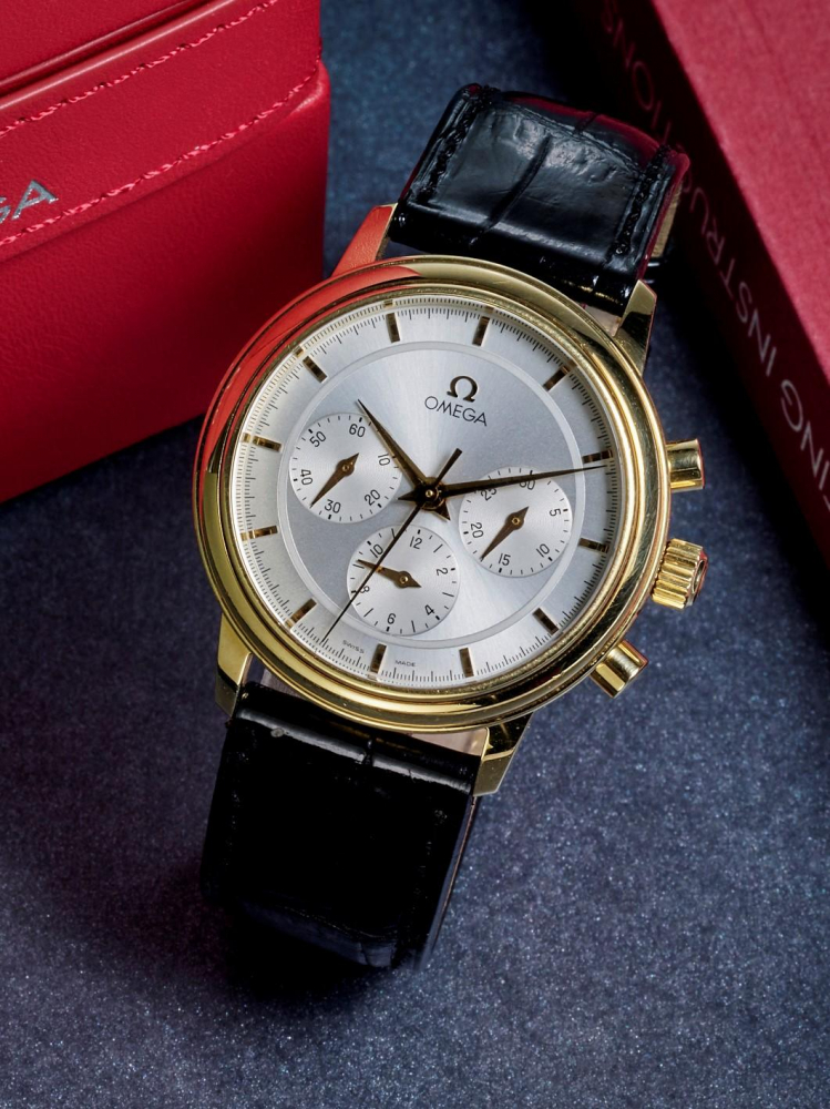 OMEGA | DE VILLE PRESTIGE, REF.4640.31.00, A YELLOW GOLD CHRONOGRAPH WRISTWATCH, CIRCA 1985