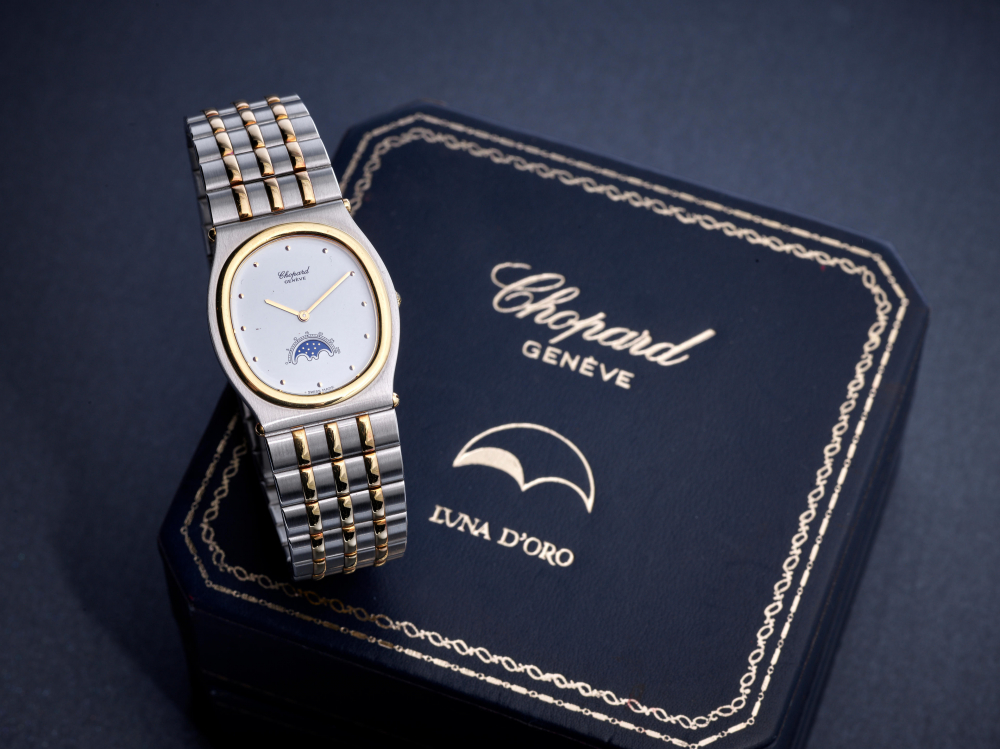 CHOPARD | MONTE CARLO, REF.8035, A YELLOW GOLD AND STAINLESS STEEL BRACELET WATCH WITH MOON PHASES, CIRCA 1995