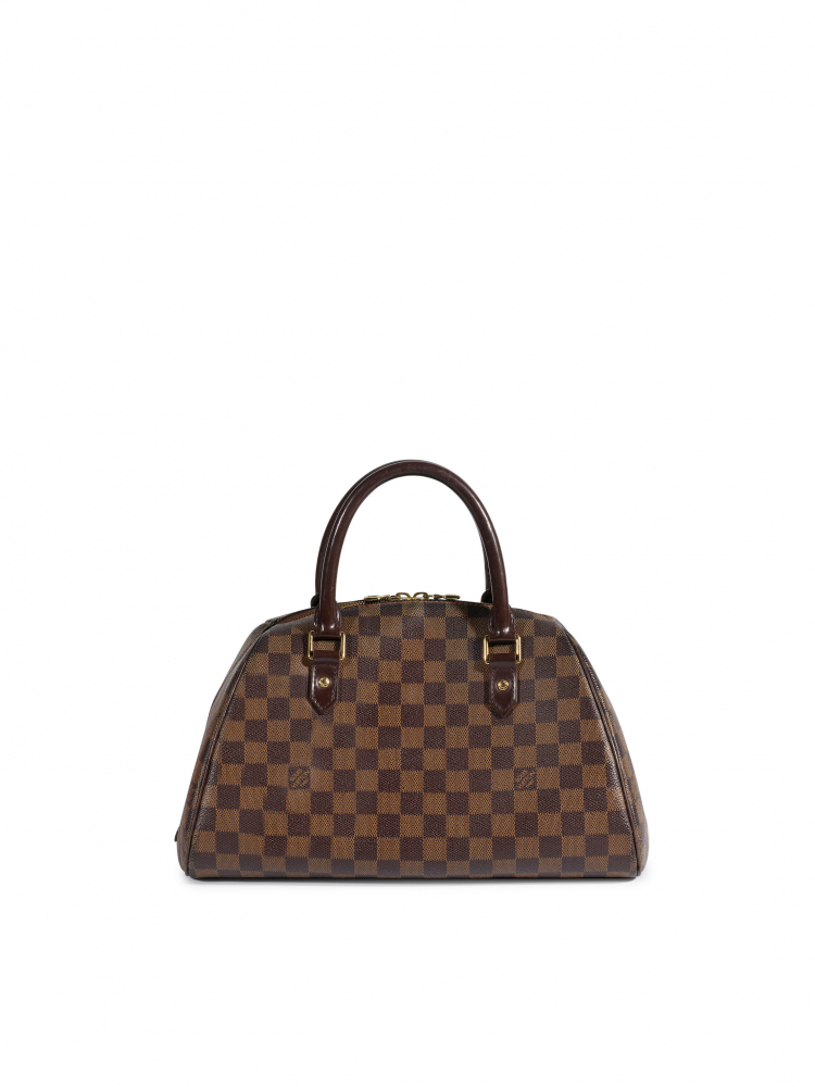 LOUIS VUITTON: BROWN DAMIER EBENE COATED CANVAS RIVERA MM TOP HANDLE BAG