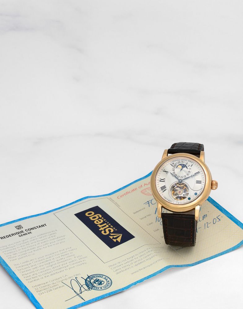 FREDERIQUE CONSTANT. MONTRE BRACELET EN OR ROSE 18K (750) AVEC DATE ET PHASE DE LUNE MOUVEMENT MECANIQUE