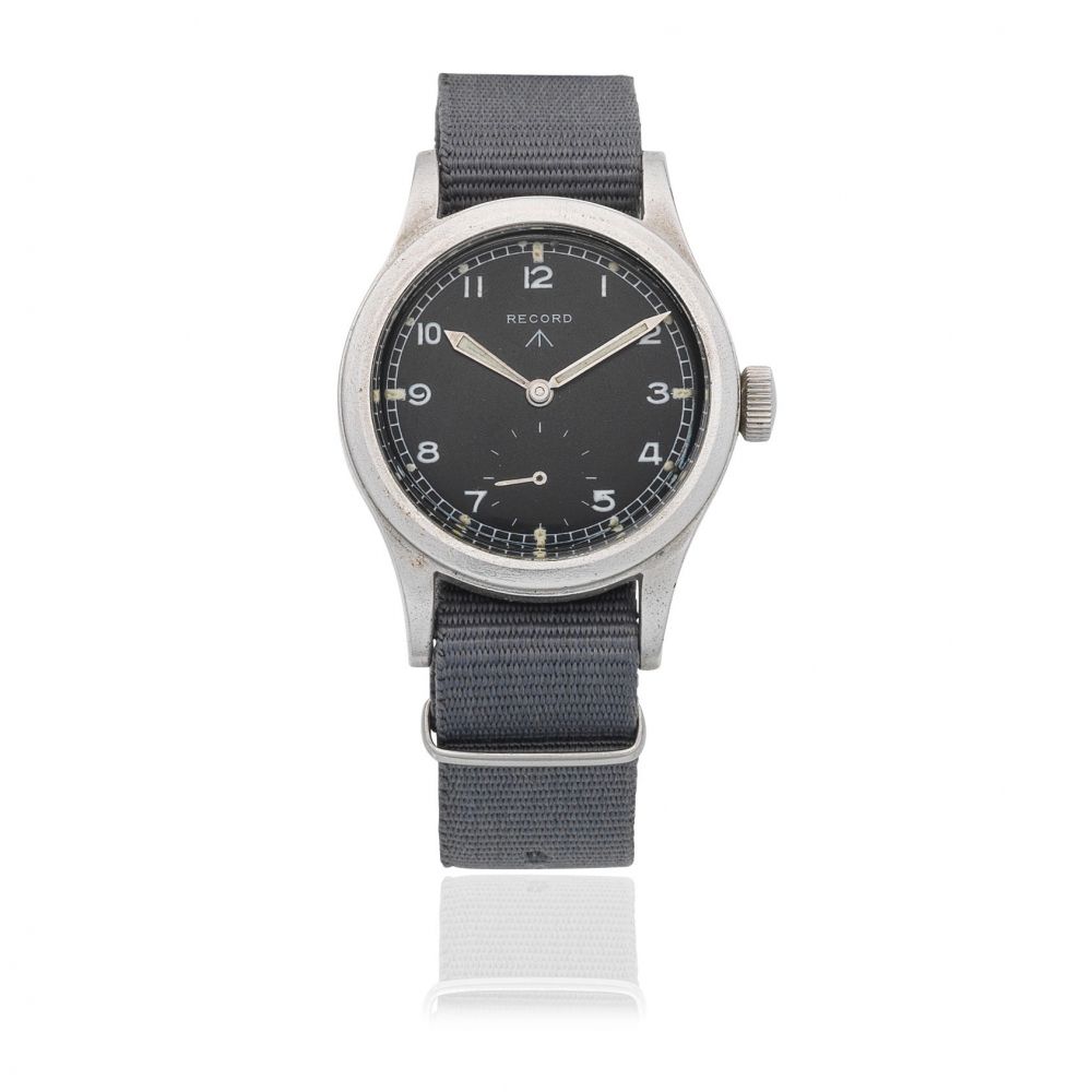 Record. A chrome plated manual wind military issue wristwatch
