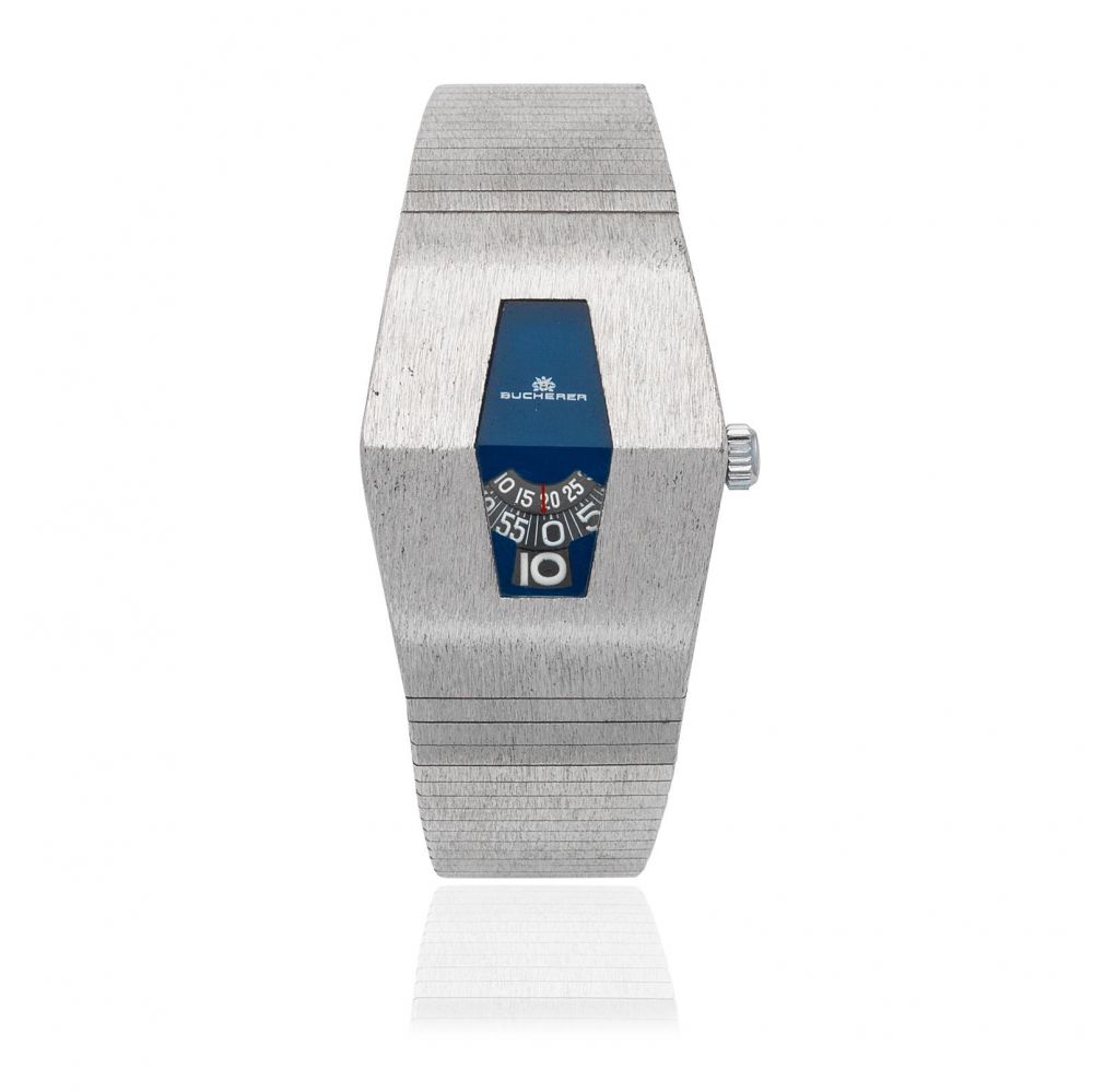 Bucherer. An unusual stainless steel automatic jump hour bracelet watch