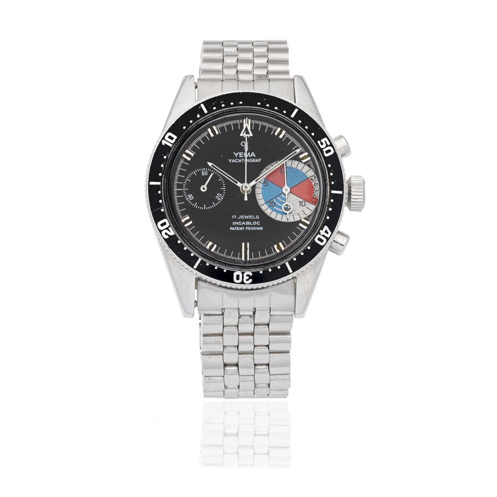 Yema. A stainless steel manual wind chronograph wristwatch with patent pending dial