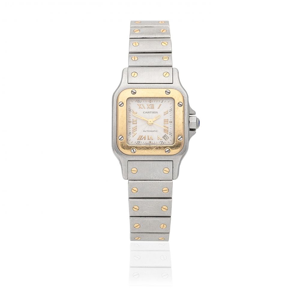 Cartier. A lady's stainless steel and gold automatic calendar bracelet watch