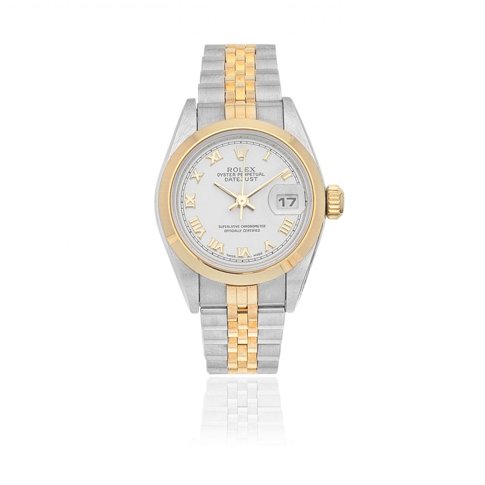 Rolex. A lady's stainless steel and gold automatic calendar bracelet watch