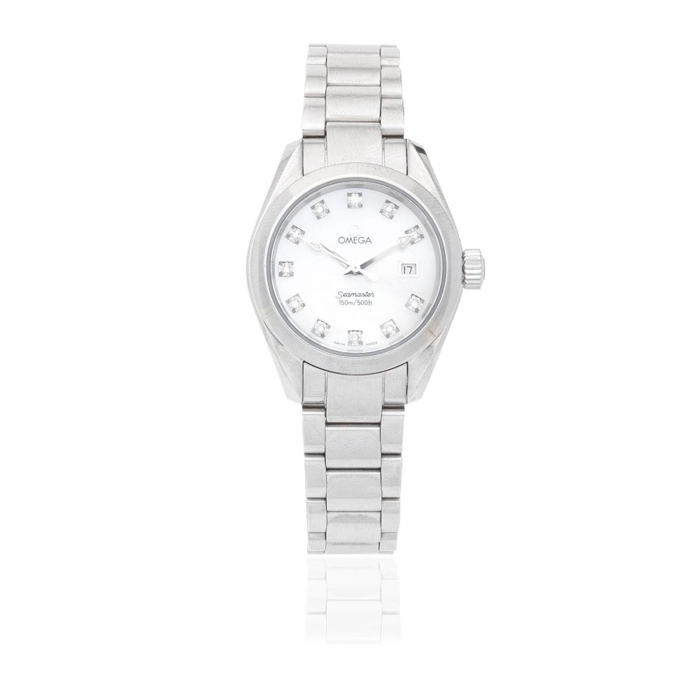 Omega. A lady's stainless steel diamond set quartz calendar bracelet watch with mother of pearl dial